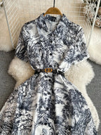 INK PRINT WAISTED MIDI DRESS SOLELII