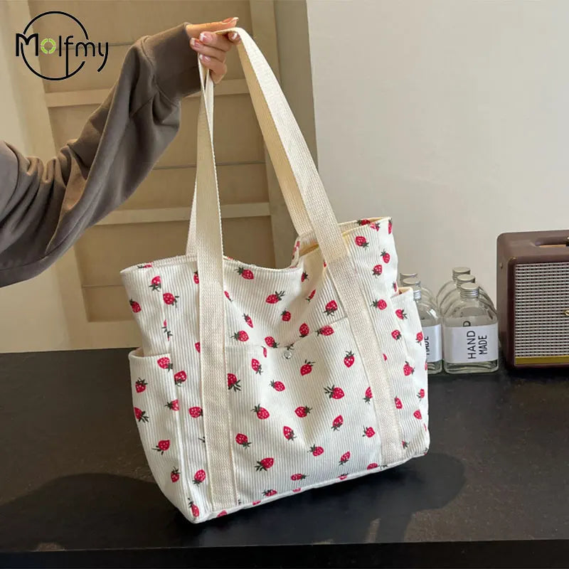STRAWBERRY CORDUROY ZIPPER SHOULDER BAG