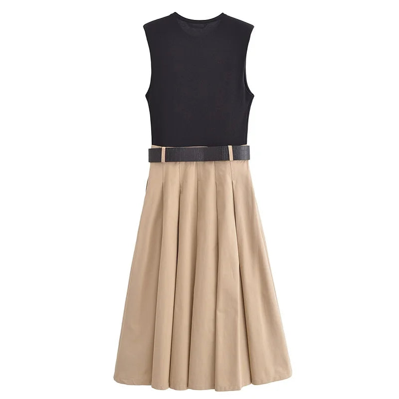 Geplooide midi-jurk met riem voor dames, mouwloos
