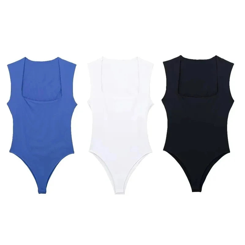 BLACK SLEEVELESS BODYSUIT WITH SQUARE NECKLINE  WIDE STRAPS BODYCON