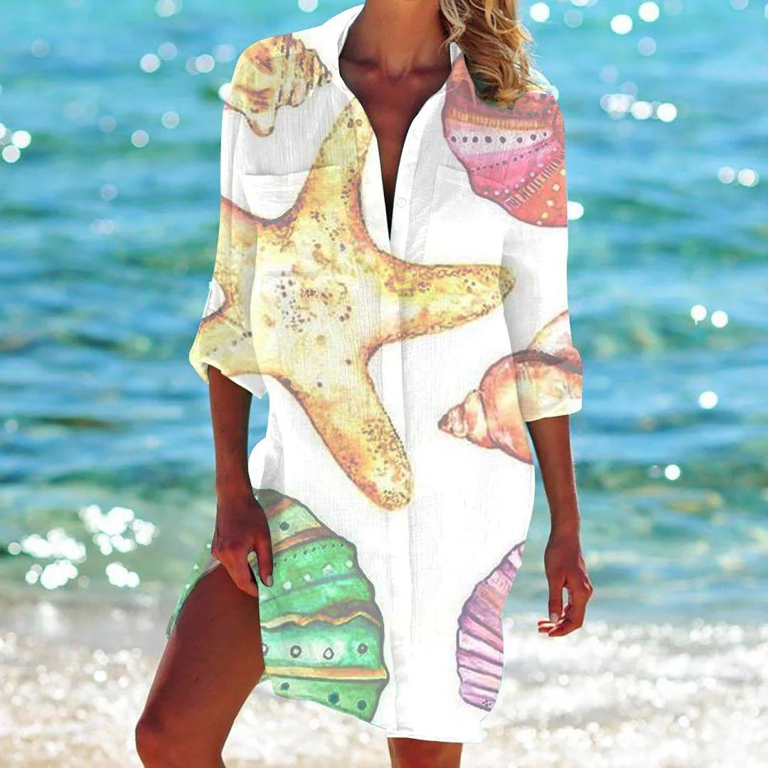 OCEAN PRINT LONG SLEEVE BLOUSE