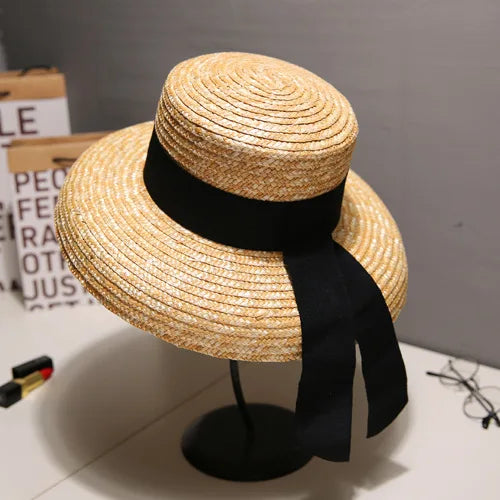 STRAW HAT WITH LACE BAND AND WIDE BRIM