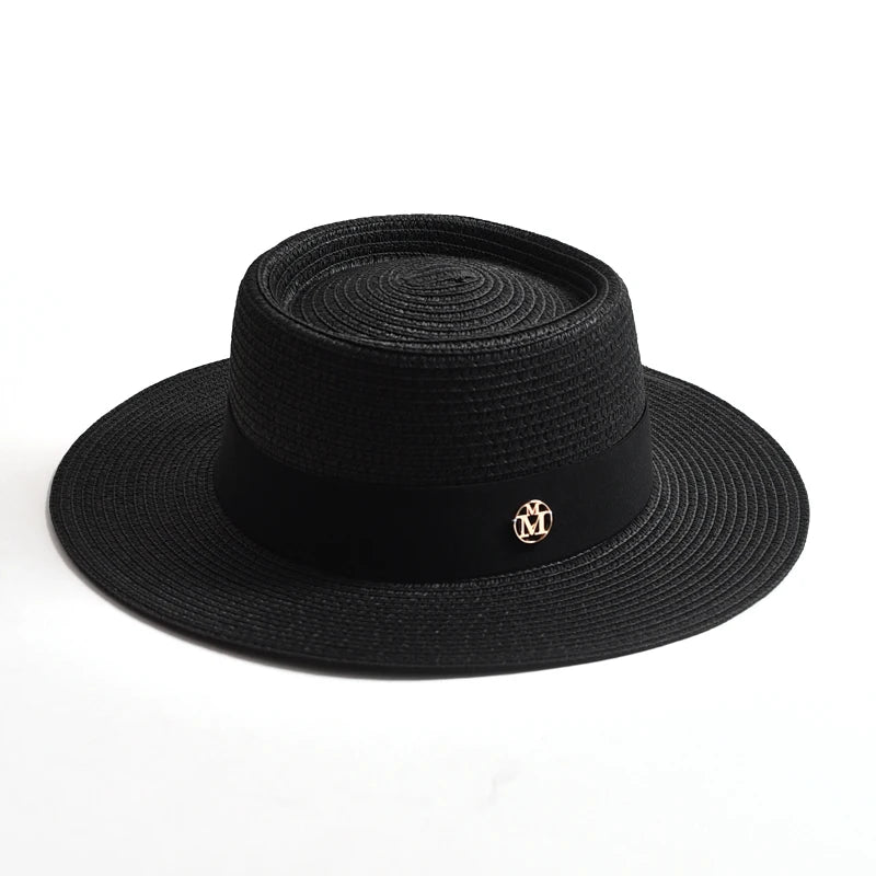 WOMEN’S STRAW SUN HAT WITH FLAT BRIM & RIBBON