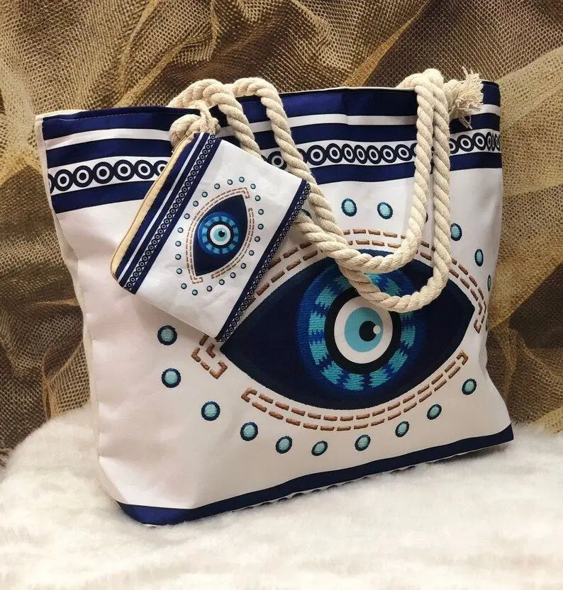 LARGE POLYESTER GREEK EYE BEACH BAG