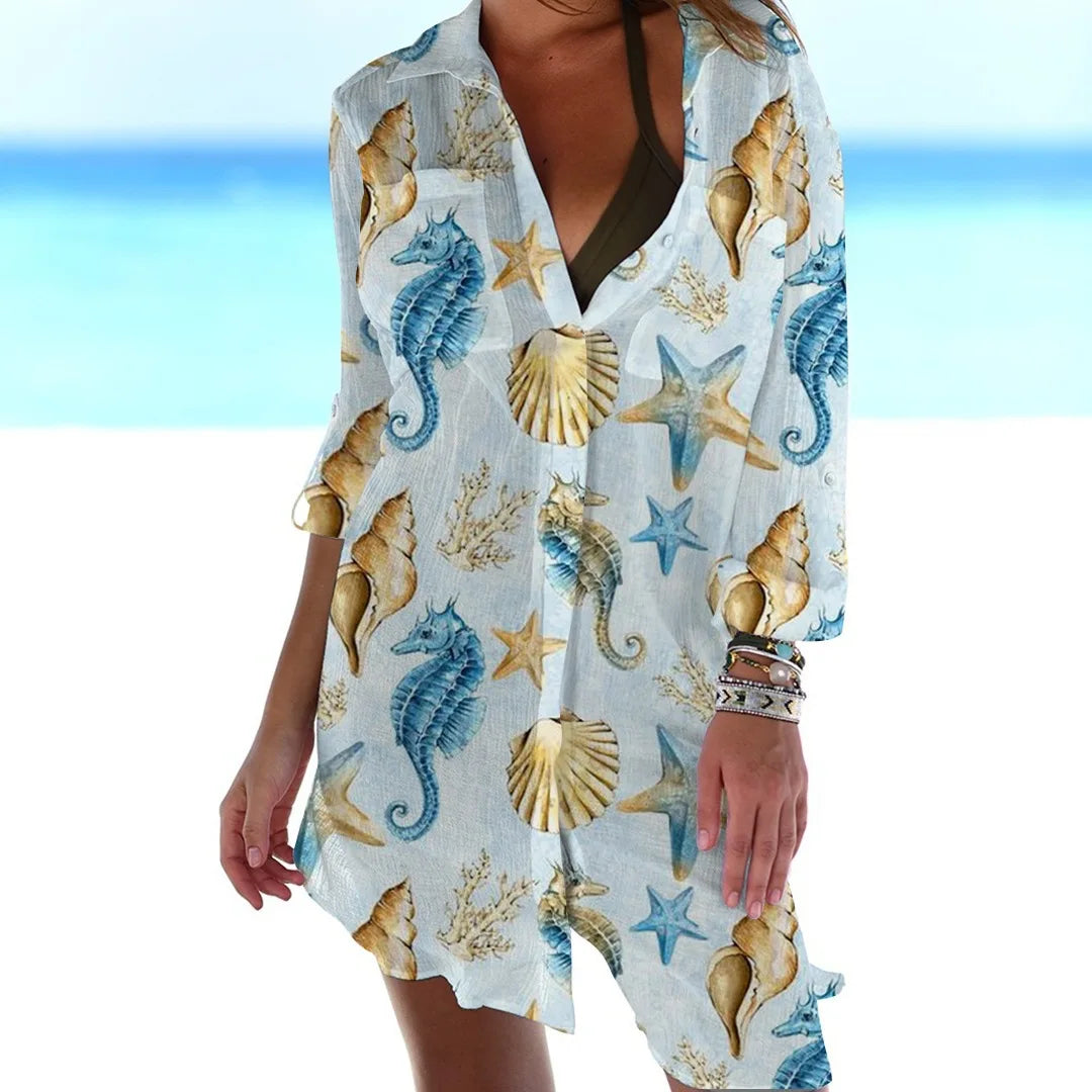 OCEAN PRINT LONG SLEEVE BLOUSE