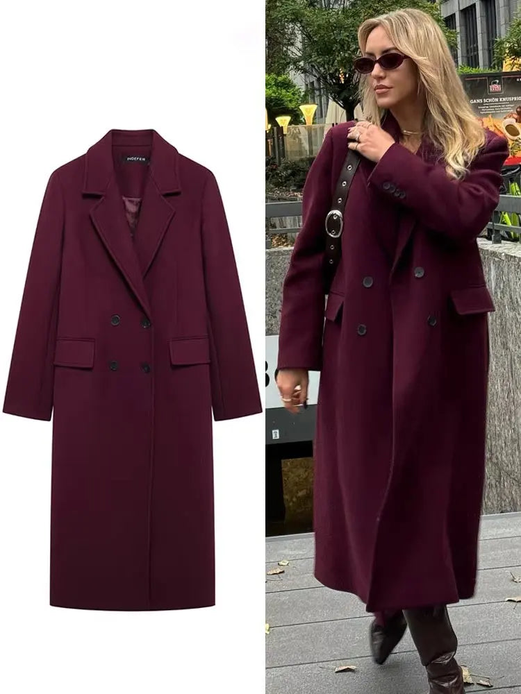LONG BURGUNDY DOUBLE-BREASTED WOOL COAT