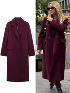 LONG BURGUNDY DOUBLE-BREASTED WOOL COAT SOLELII