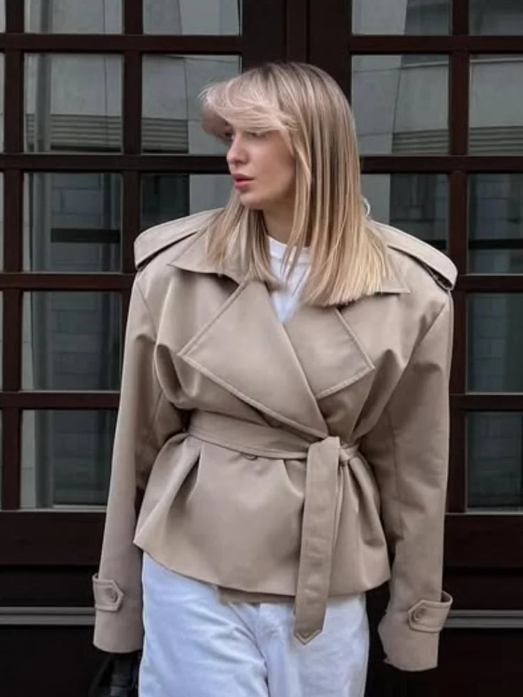 CROPPED KHAKI TRENCH COAT WITH BELT