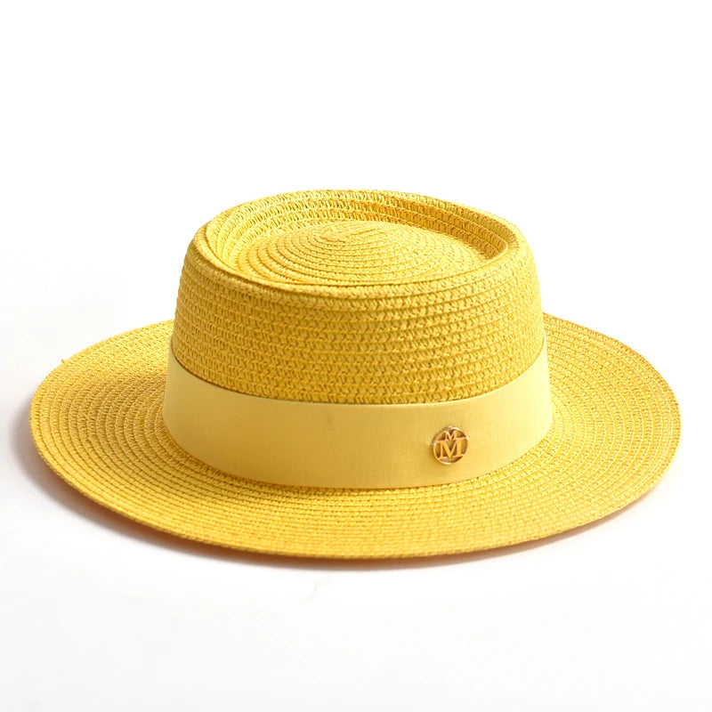 WOMEN’S STRAW SUN HAT WITH FLAT BRIM & RIBBON