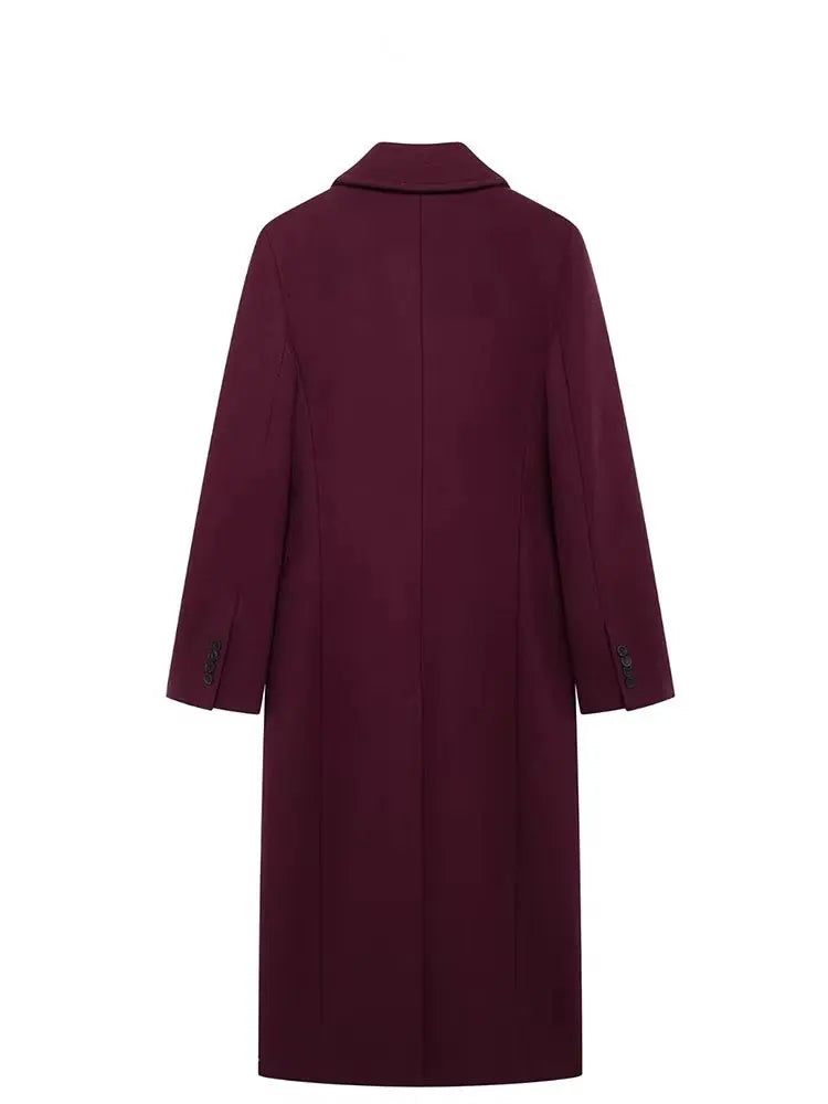 LONG BURGUNDY DOUBLE-BREASTED WOOL COAT