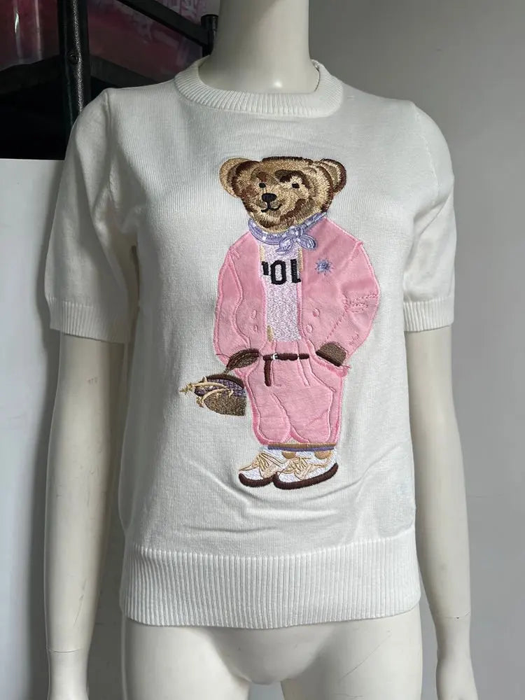 EUROPEAN STYLE LUXURY BEAR KNIT SHORT SLEEVE TOP