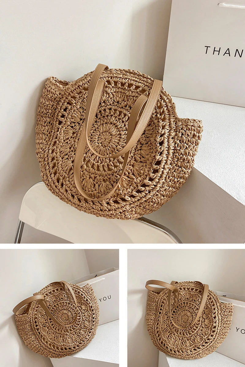 ROUND WOVEN STRAW SHOULDER BAG