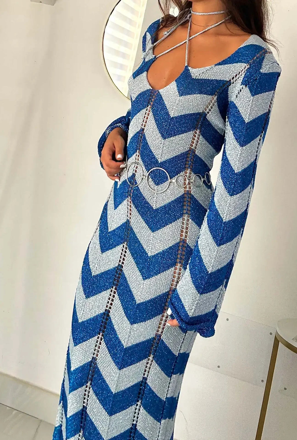 WOMEN'S STRIPED KNIT MAXI DRESS LACE-UP