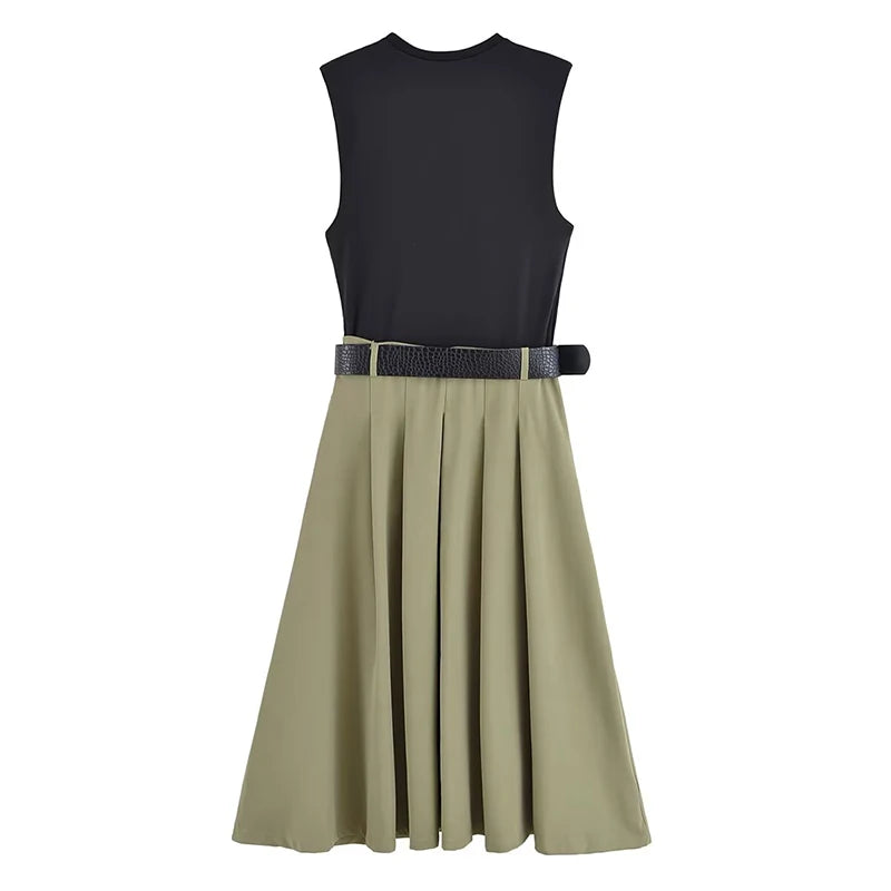 PATCHWORK PLEATED SLEEVELESS MIDI DRESS WITH BELT