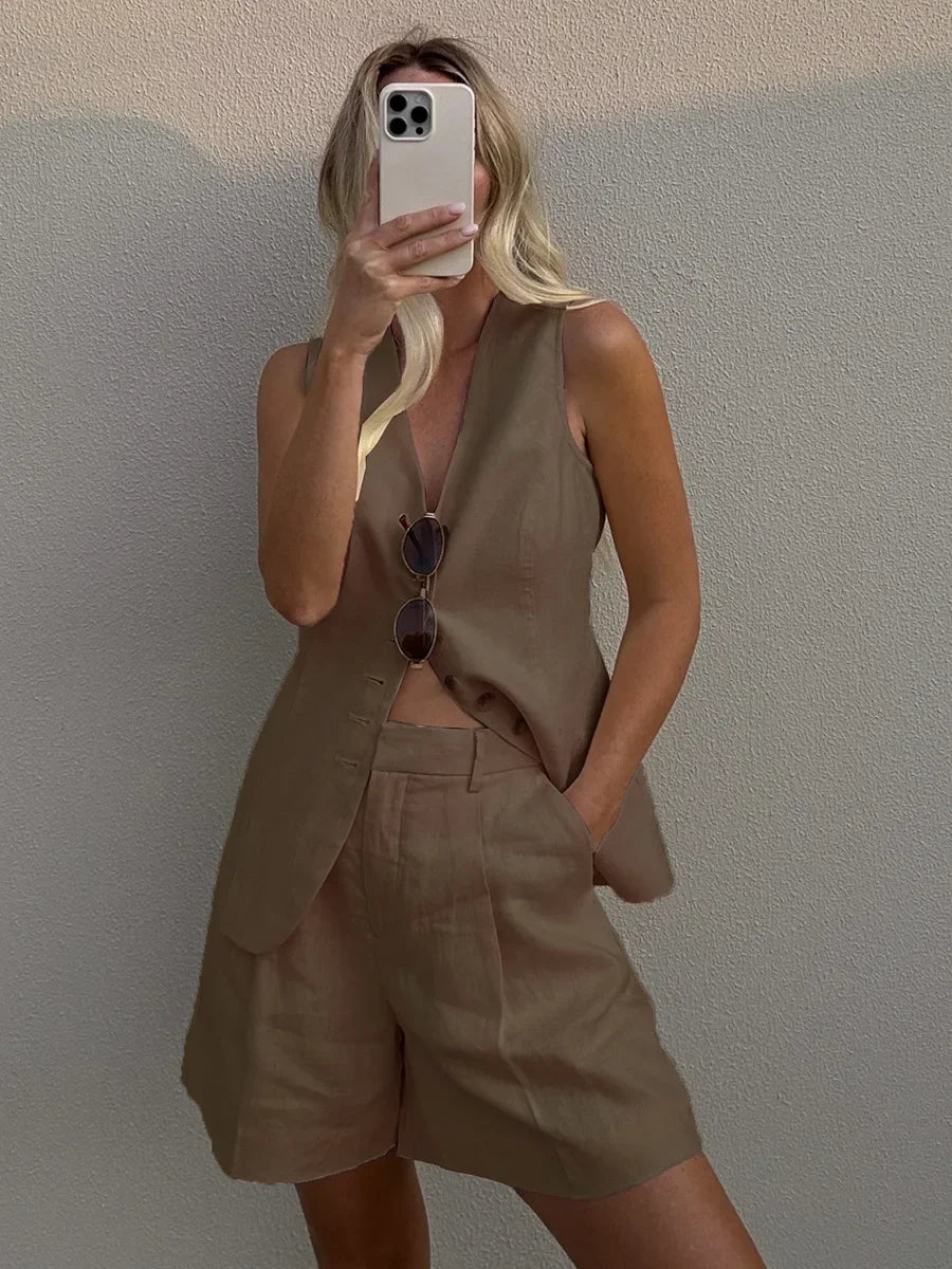 WOLFEEL CASUAL COTTON AND LINEN SET - VEST AND SHORTS