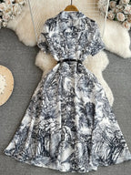 INK PRINT WAISTED MIDI DRESS SOLELII