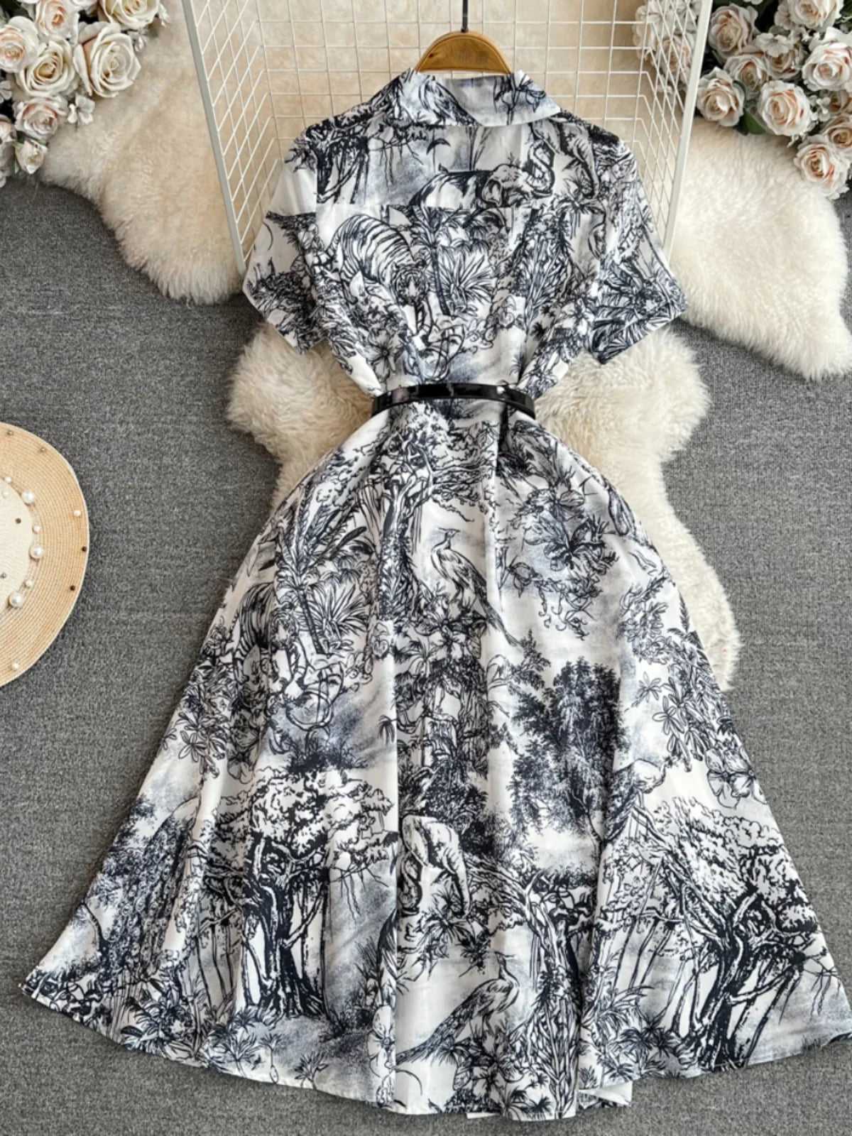 INK PRINT WAISTED MIDI DRESS