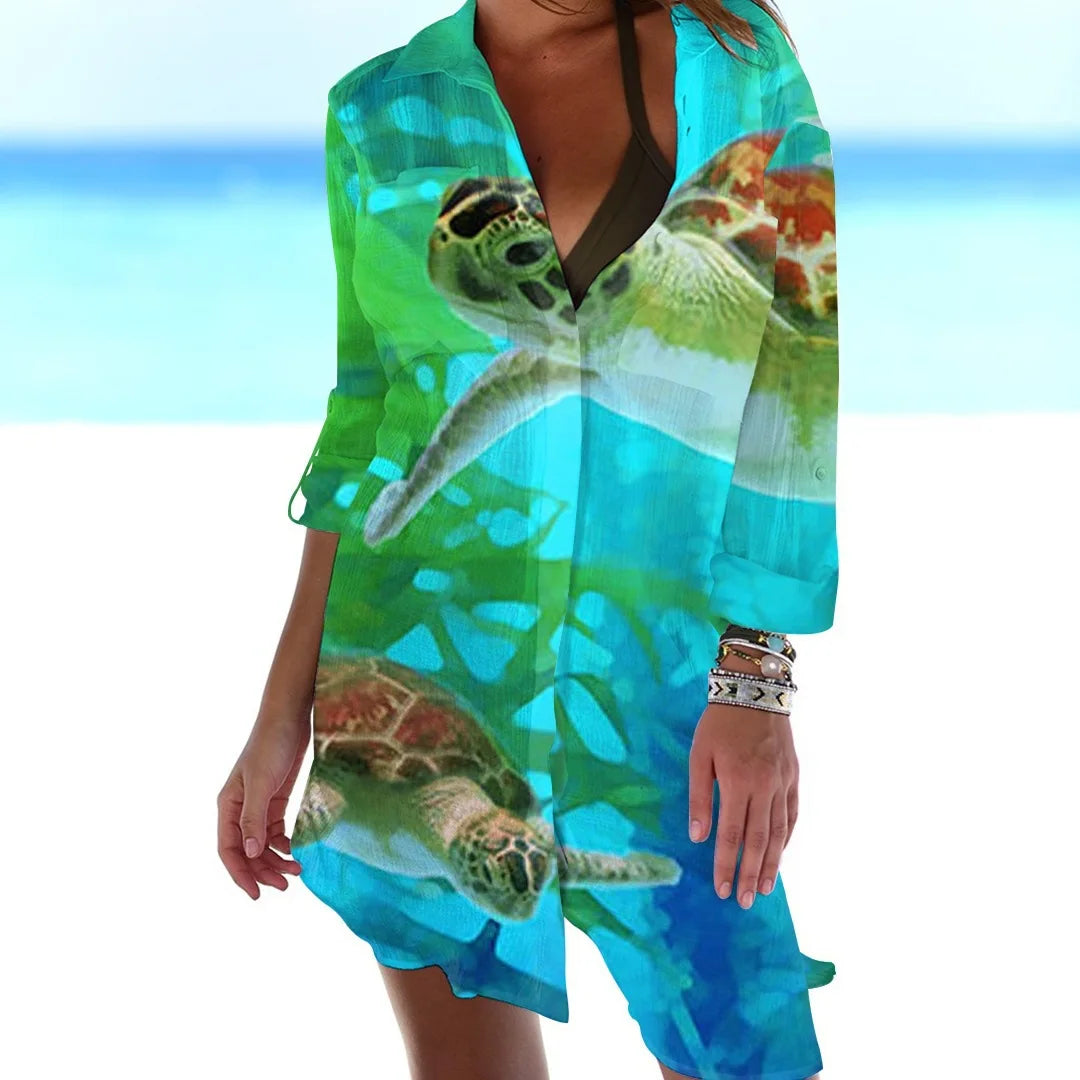OCEAN PRINT LONG SLEEVE BLOUSE