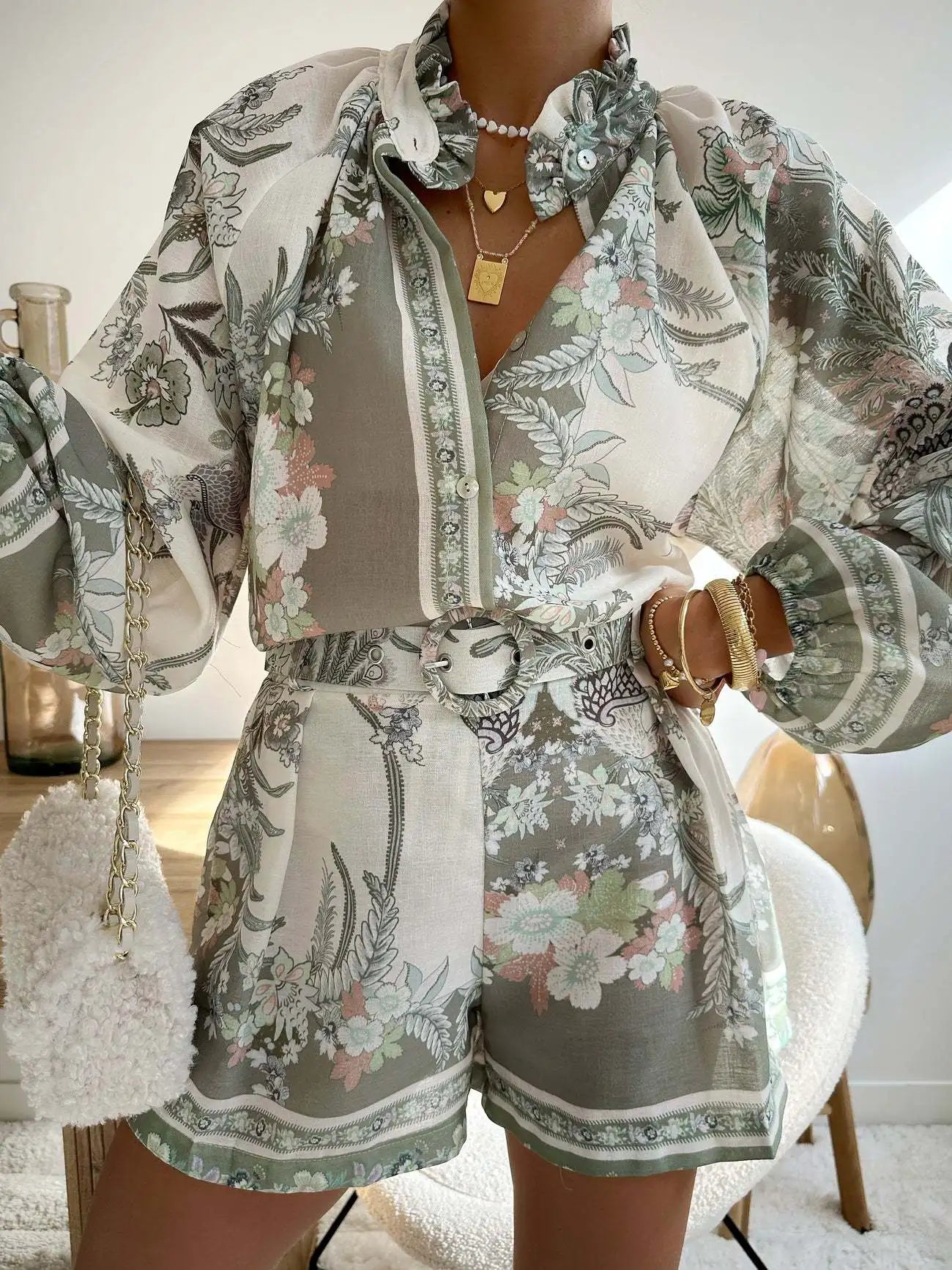 CASUAL SET FLORAL SHIRT WITH BELT