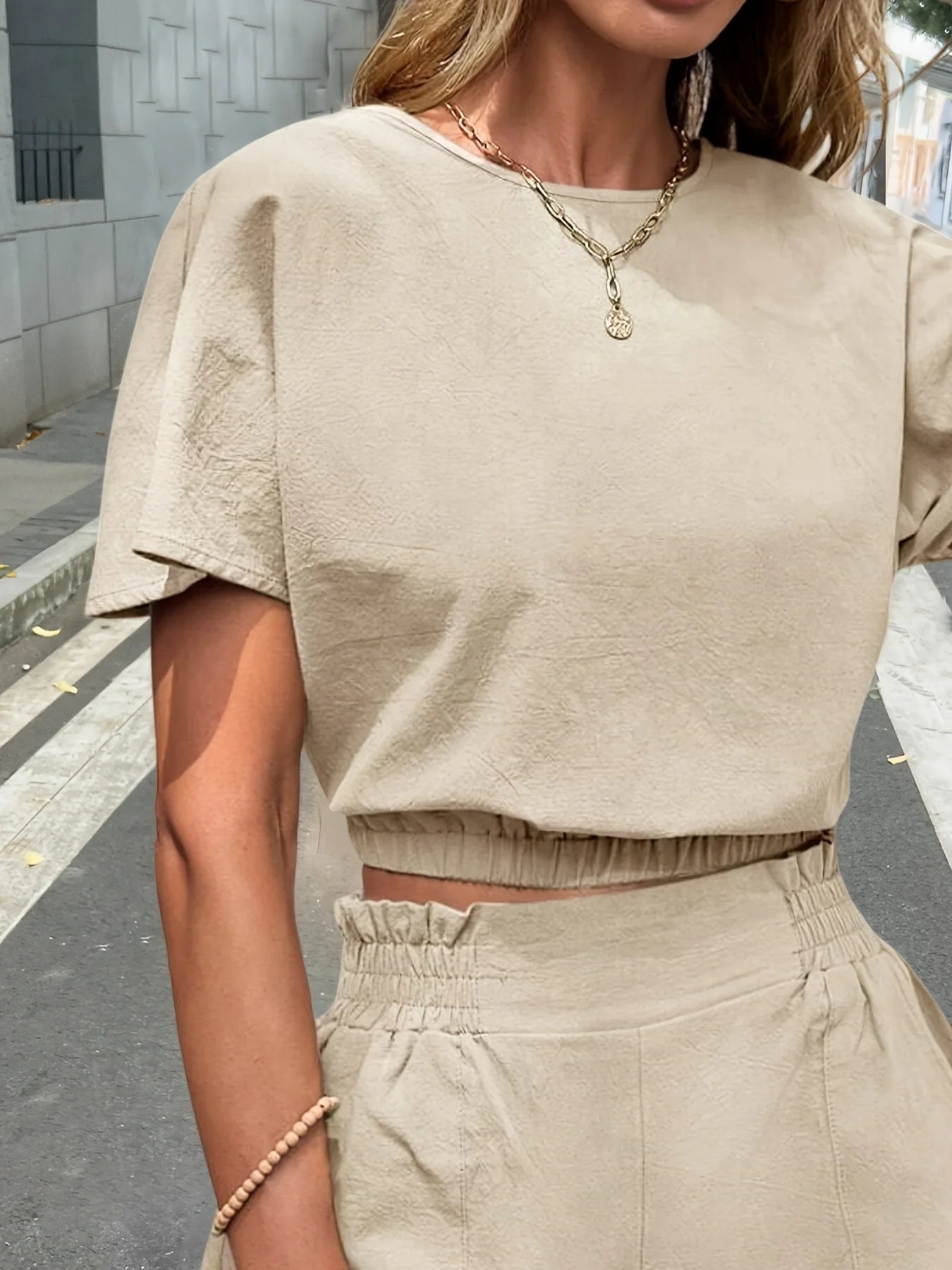 ROUND NECK SET AND ELASTIC WAIST SHORTS