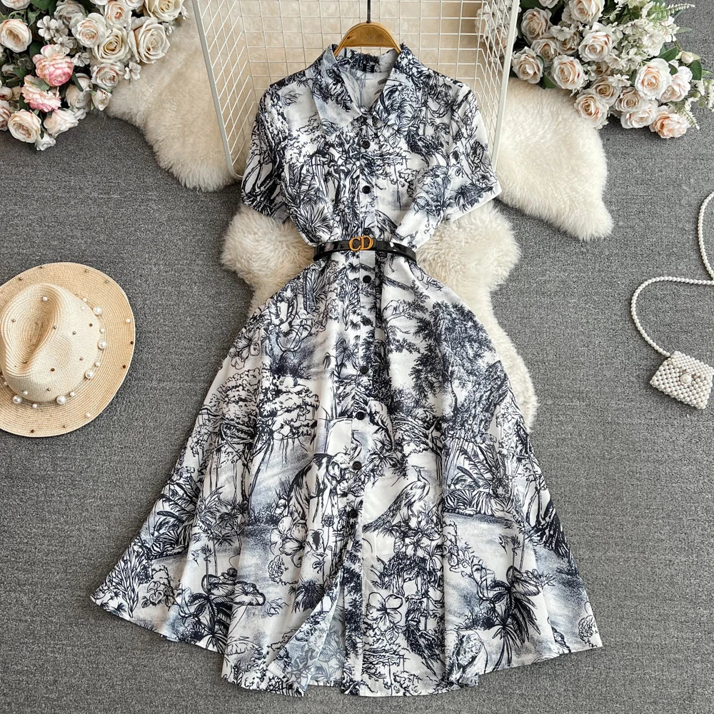INK PRINT WAISTED MIDI DRESS
