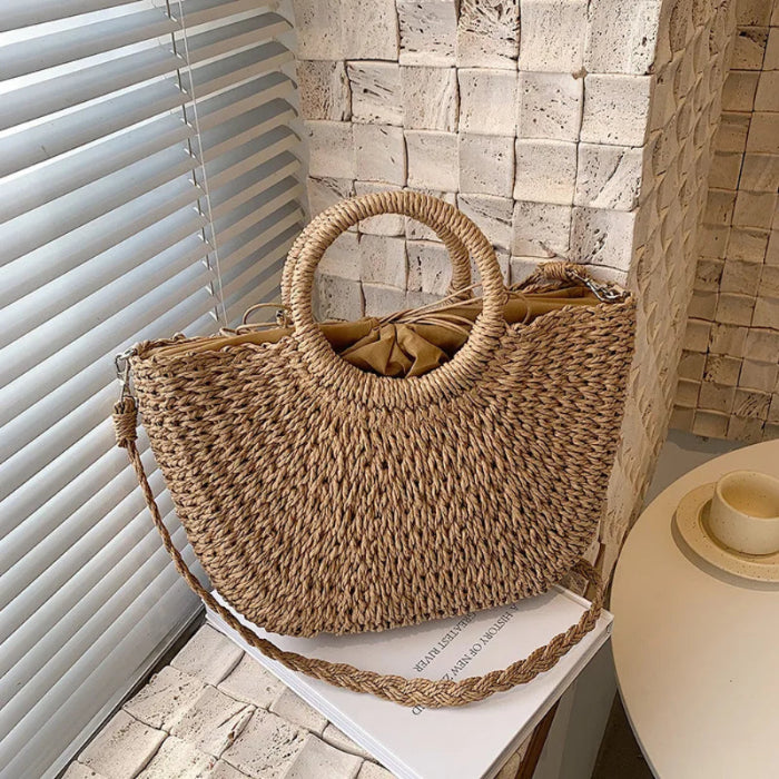 WOVEN STRAW BUCKET STRING BAG