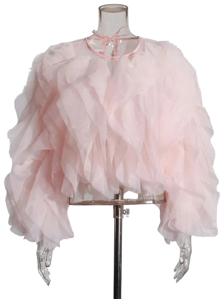BLOUSE EN MOUSSELINE À VOLANTS AVEC MANCHES LANTERNE