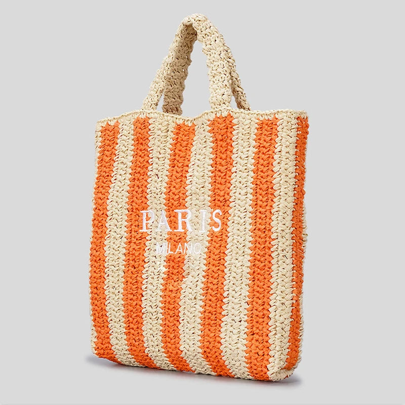 STRIPED STRAW WOVEN TOTE BAG