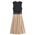 WOMEN’S PLEATED PATCHWORK BELTED MIDI DRESS Test
