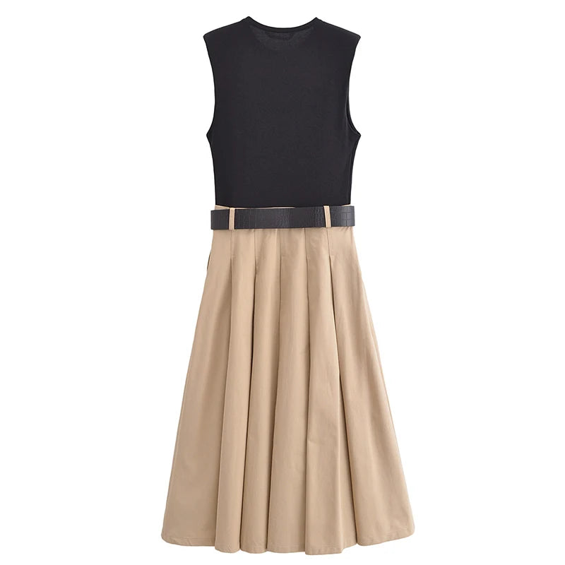 PATCHWORK PLEATED SLEEVELESS MIDI DRESS WITH BELT