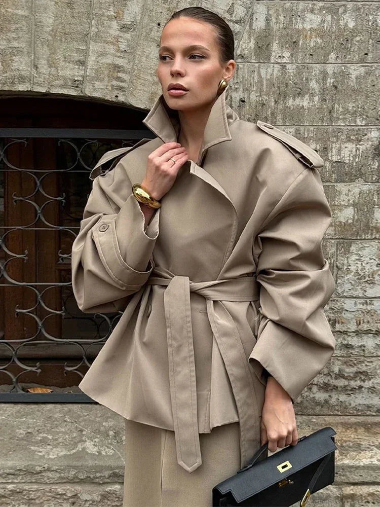 CROPPED KHAKI TRENCH COAT WITH BELT