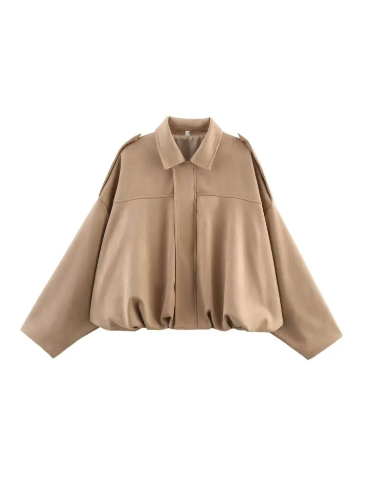 WOMEN'S FAUX SUEDE LOOSE BOMBER JACKET WITH ZIPPER