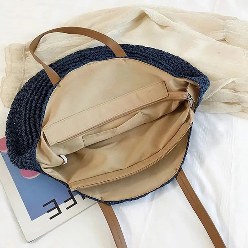 WOVEN ROUND STRAW ZIPPER BAG