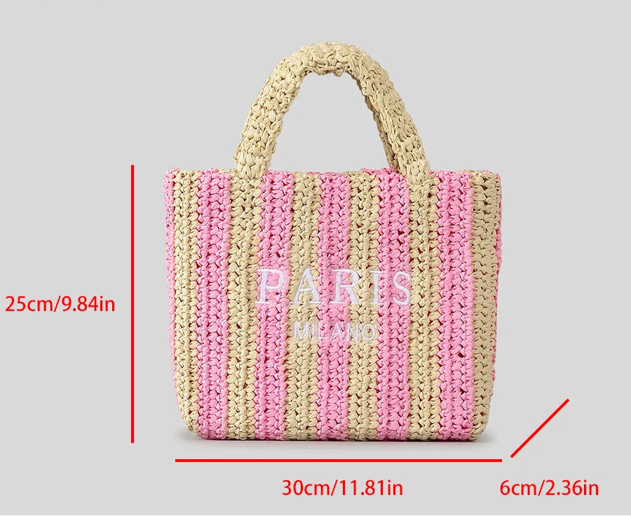 STRIPED STRAW WOVEN TOTE BAG