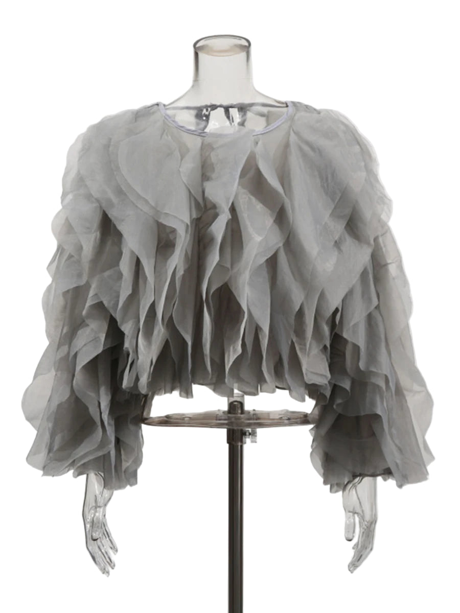 BLOUSE EN MOUSSELINE À VOLANTS AVEC MANCHES LANTERNE