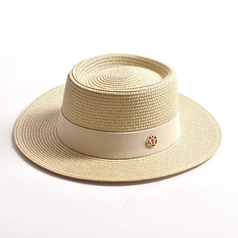 WOMEN’S STRAW SUN HAT WITH FLAT BRIM & RIBBON