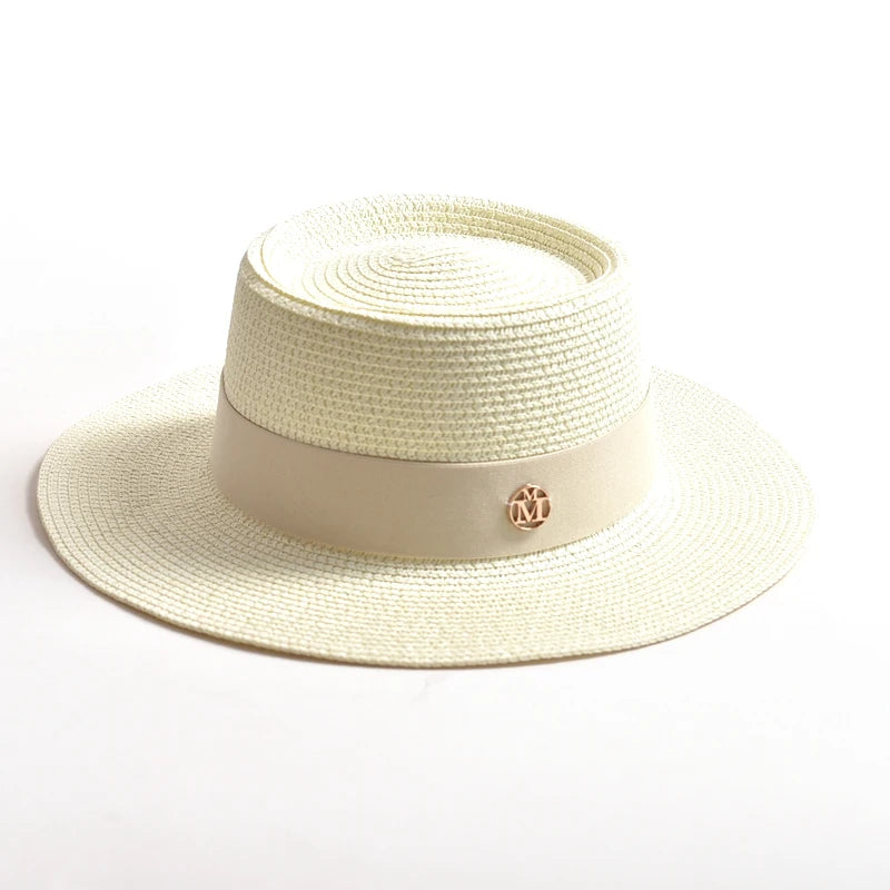 WOMEN’S STRAW SUN HAT WITH FLAT BRIM & RIBBON