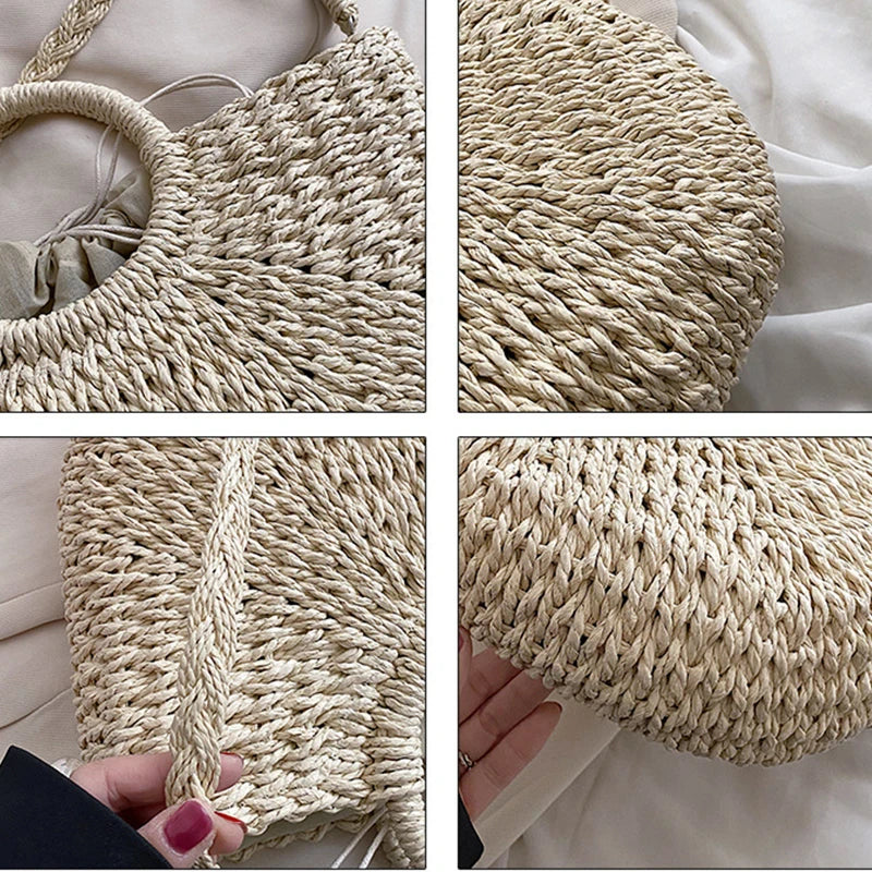WOVEN STRAW BUCKET STRING BAG