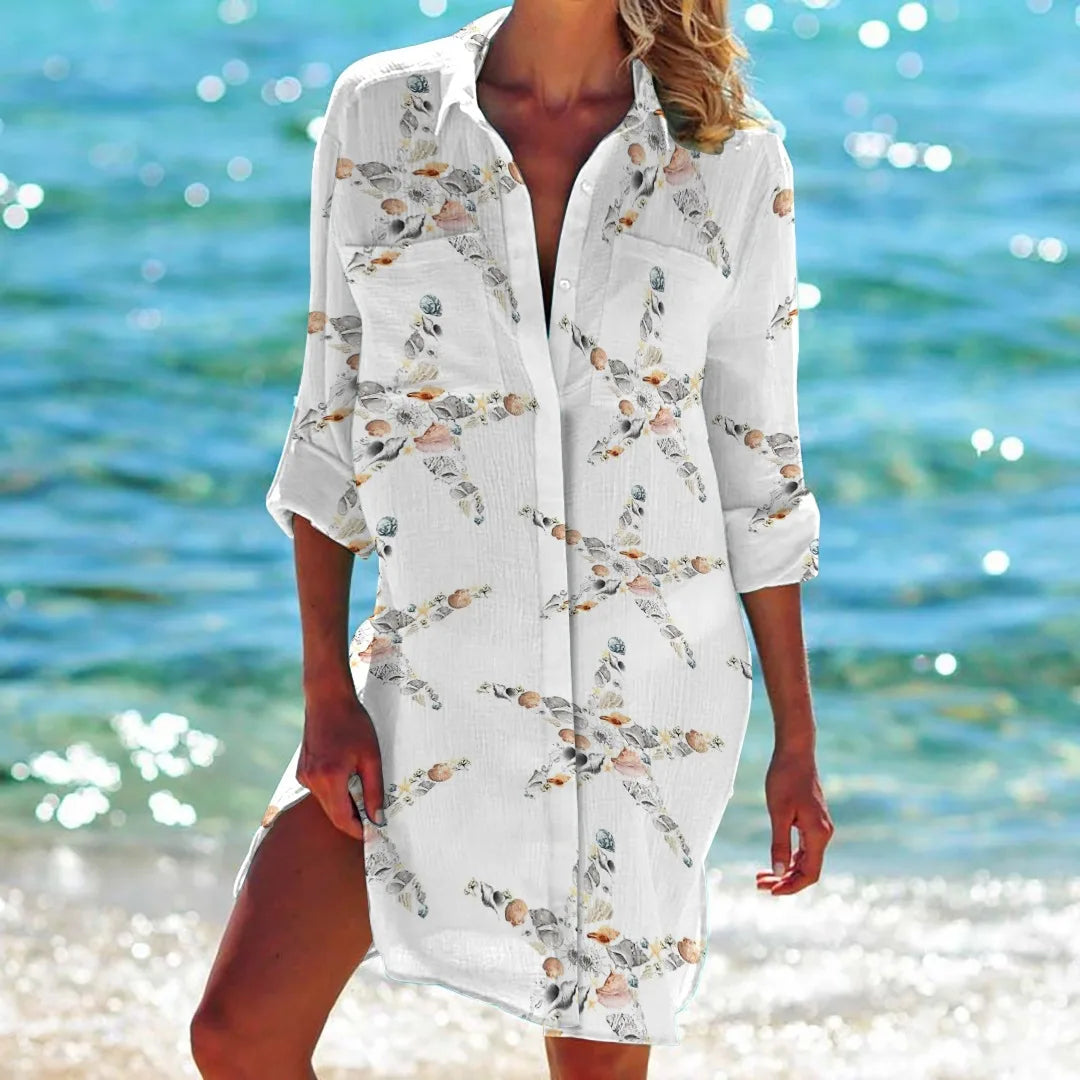 OCEAN PRINT LONG SLEEVE BLOUSE