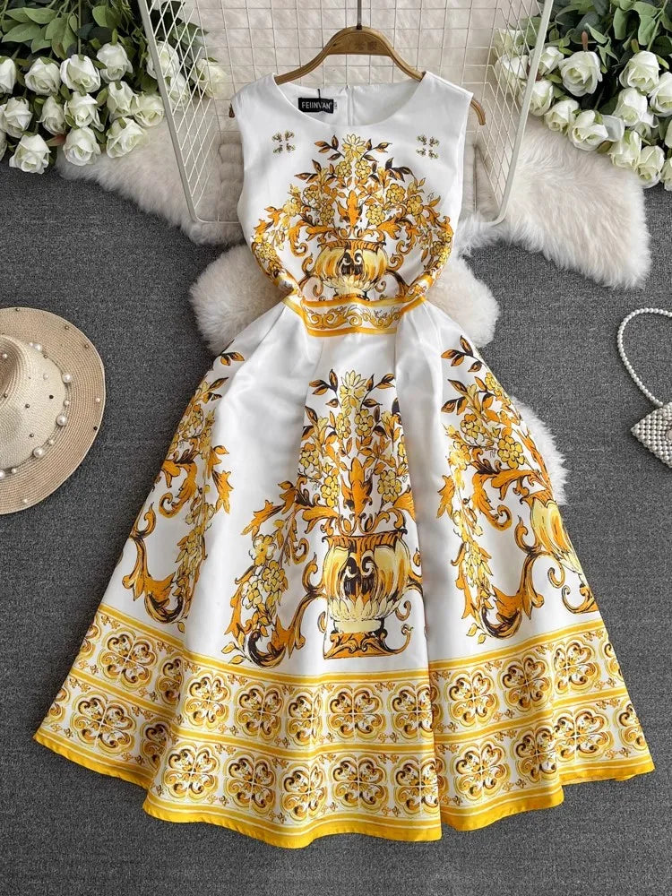 VINTAGE BLUE AND WHITE FLORAL MIDI DRESS