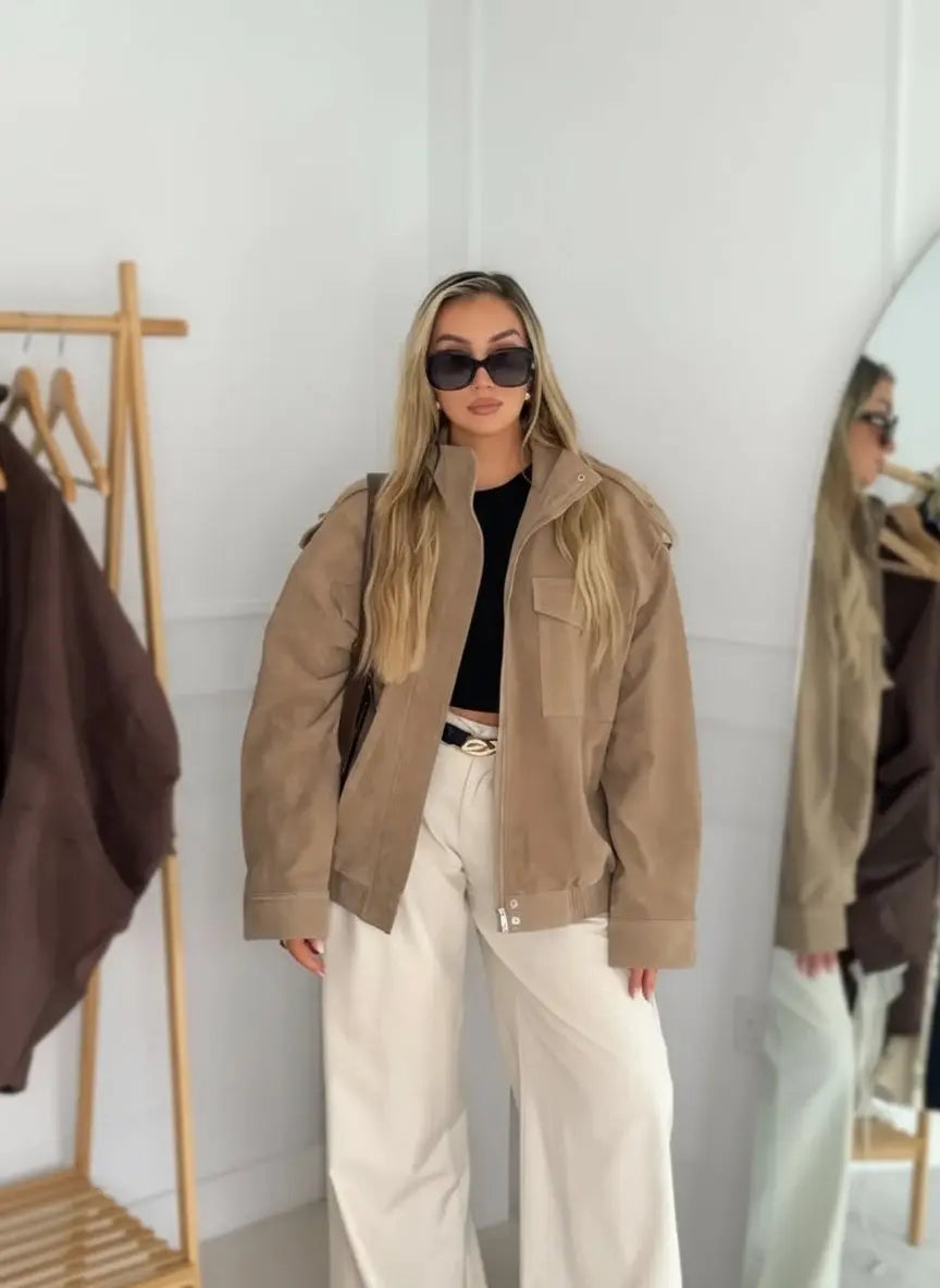 WOMEN’S SHORT SUEDE JACKET ZIPPER POCKETS SOLELII