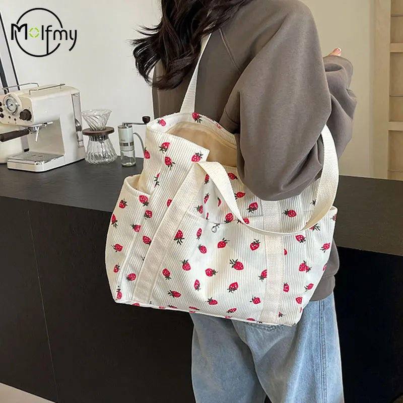 STRAWBERRY CORDUROY ZIPPER SHOULDER BAG