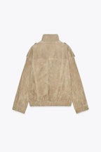 WOMEN’S SHORT SUEDE JACKET ZIPPER POCKETS SOLELII