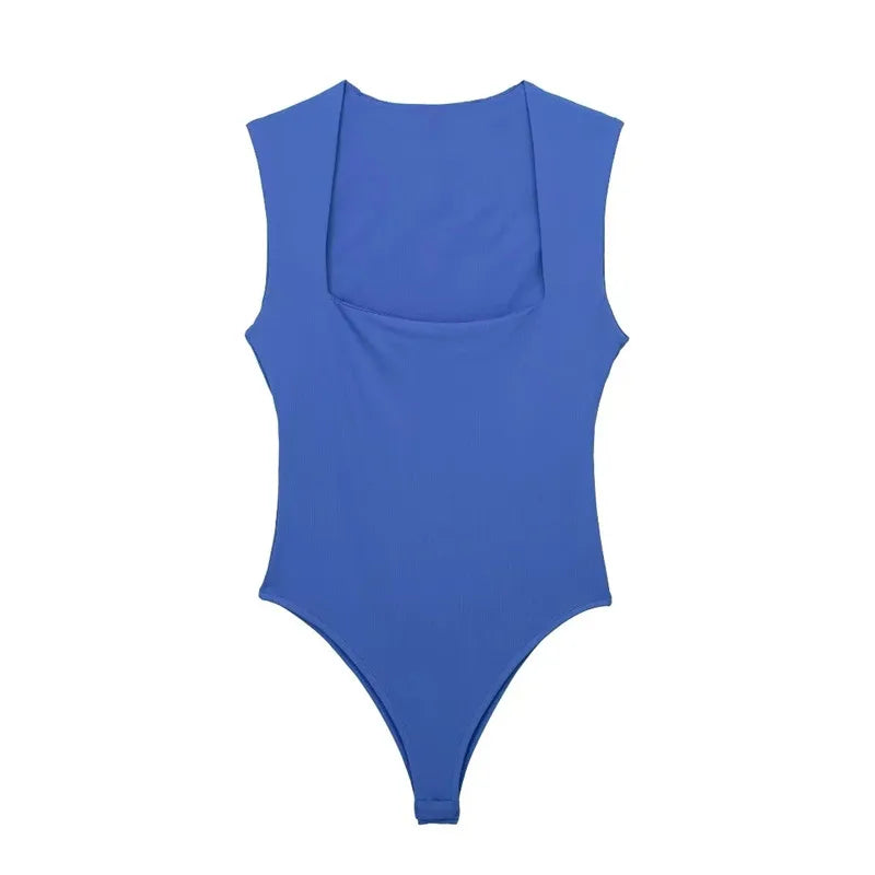 BLACK SLEEVELESS BODYSUIT WITH SQUARE NECKLINE  WIDE STRAPS BODYCON