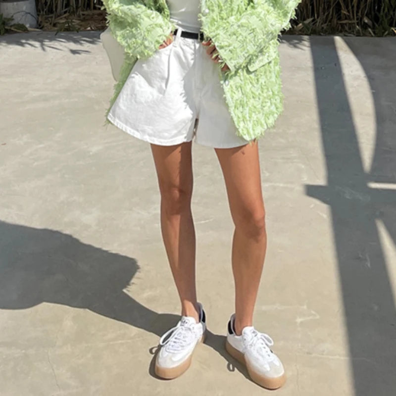 REALEFT SHORTS JEANS A-LINE WHITE