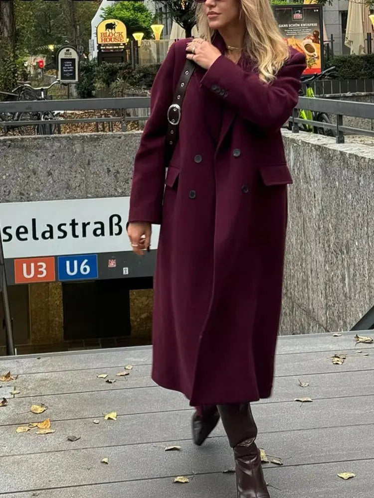 LONG BURGUNDY DOUBLE-BREASTED WOOL COAT