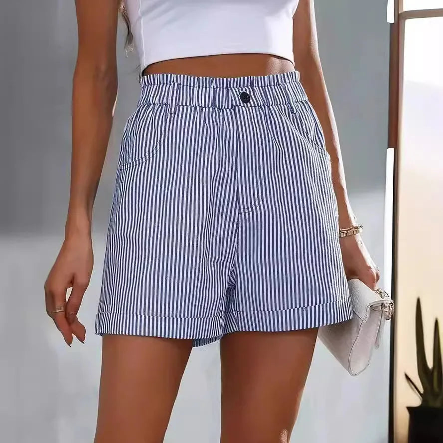 NEW WOMEN'S CASUAL SUMMER STRIPED SHORTS WITH POCKETS