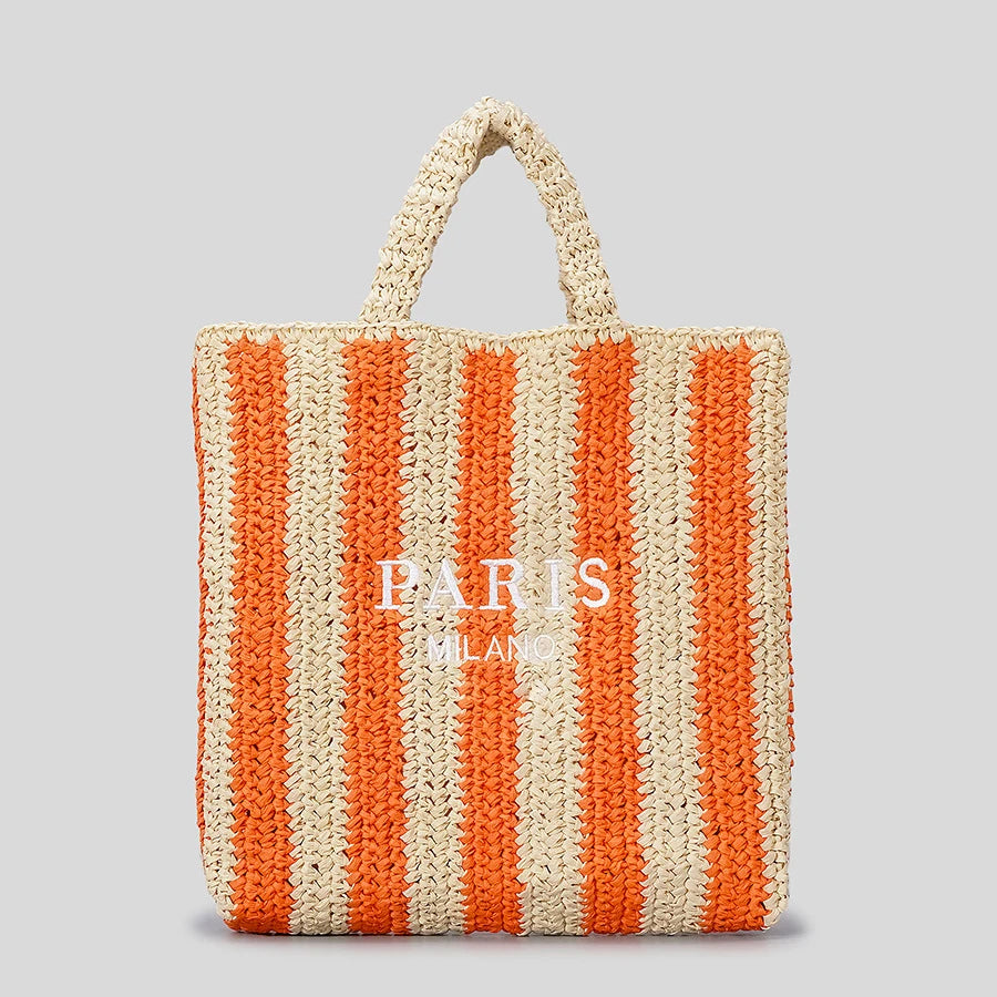 STRIPED STRAW WOVEN TOTE BAG
