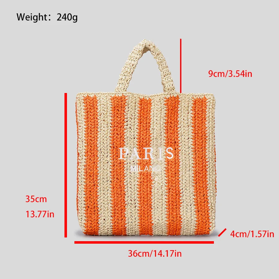 STRIPED STRAW WOVEN TOTE BAG