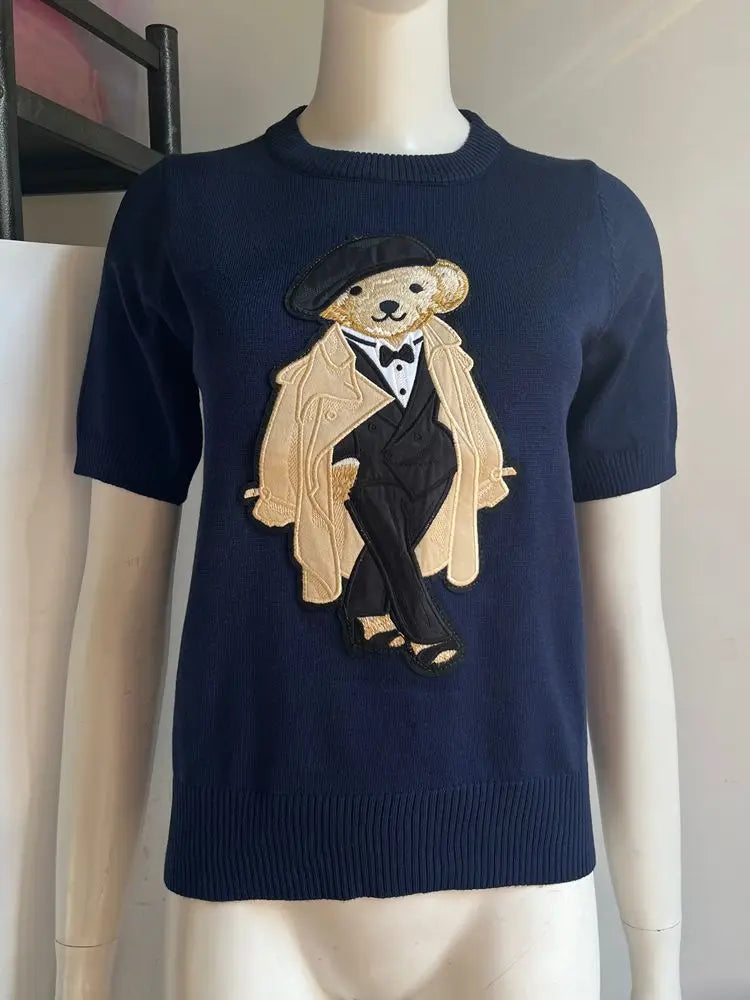 EUROPEAN STYLE LUXURY BEAR KNIT SHORT SLEEVE TOP